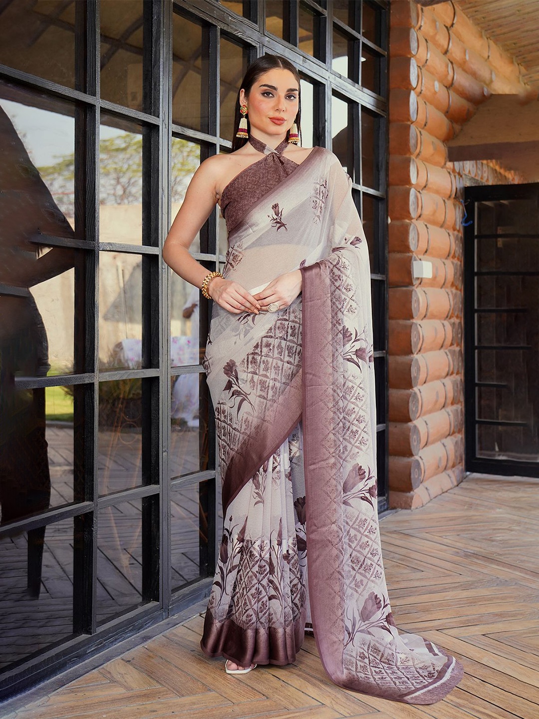 

Sitanjali Floral Zari Pure Georgette Bagh Saree, Brown