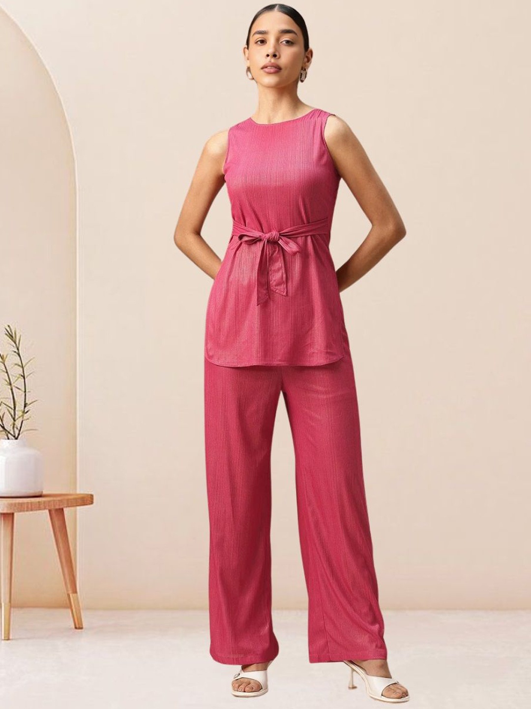 

Mast & Harbour Round Neck Sleeves Sleeve Top With Trouser Co-Ords, Pink