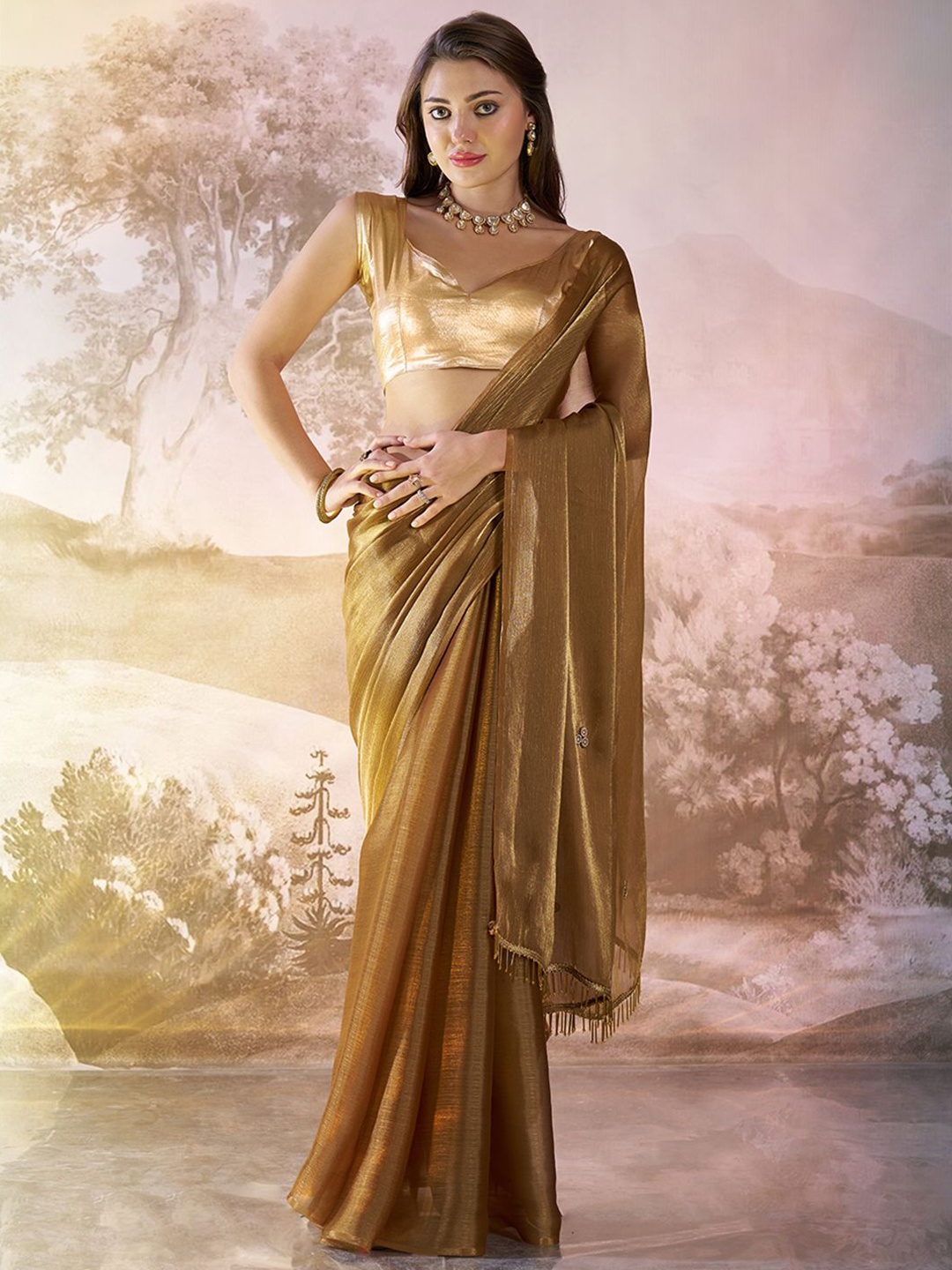 

HERE&NOW Embroidered Organza Tussar Saree, Yellow