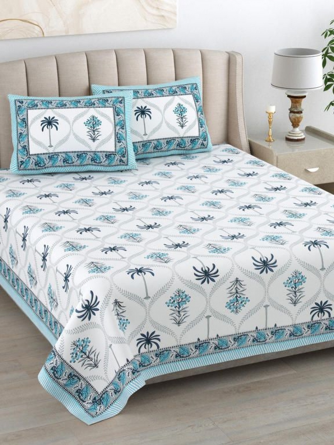 

Urban Jaipur Blue & Grey Floral 220 TC King Bedsheet with 2 Pillow Covers