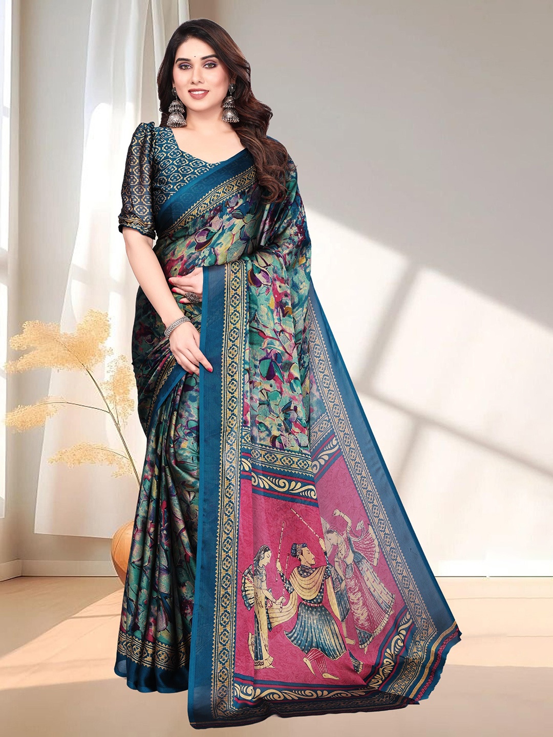 

SUPERLAXMI Floral Pure Chiffon Saree, Turquoise blue