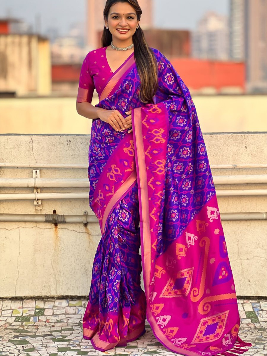 

all about you Woven Design Zari Silk Blend Patola Saree, Violet