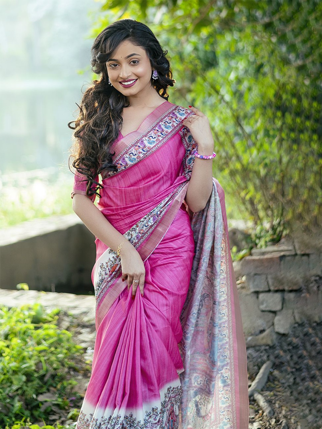 

all about you Ethnic Motifs Zari Silk Blend Tussar Saree, Pink
