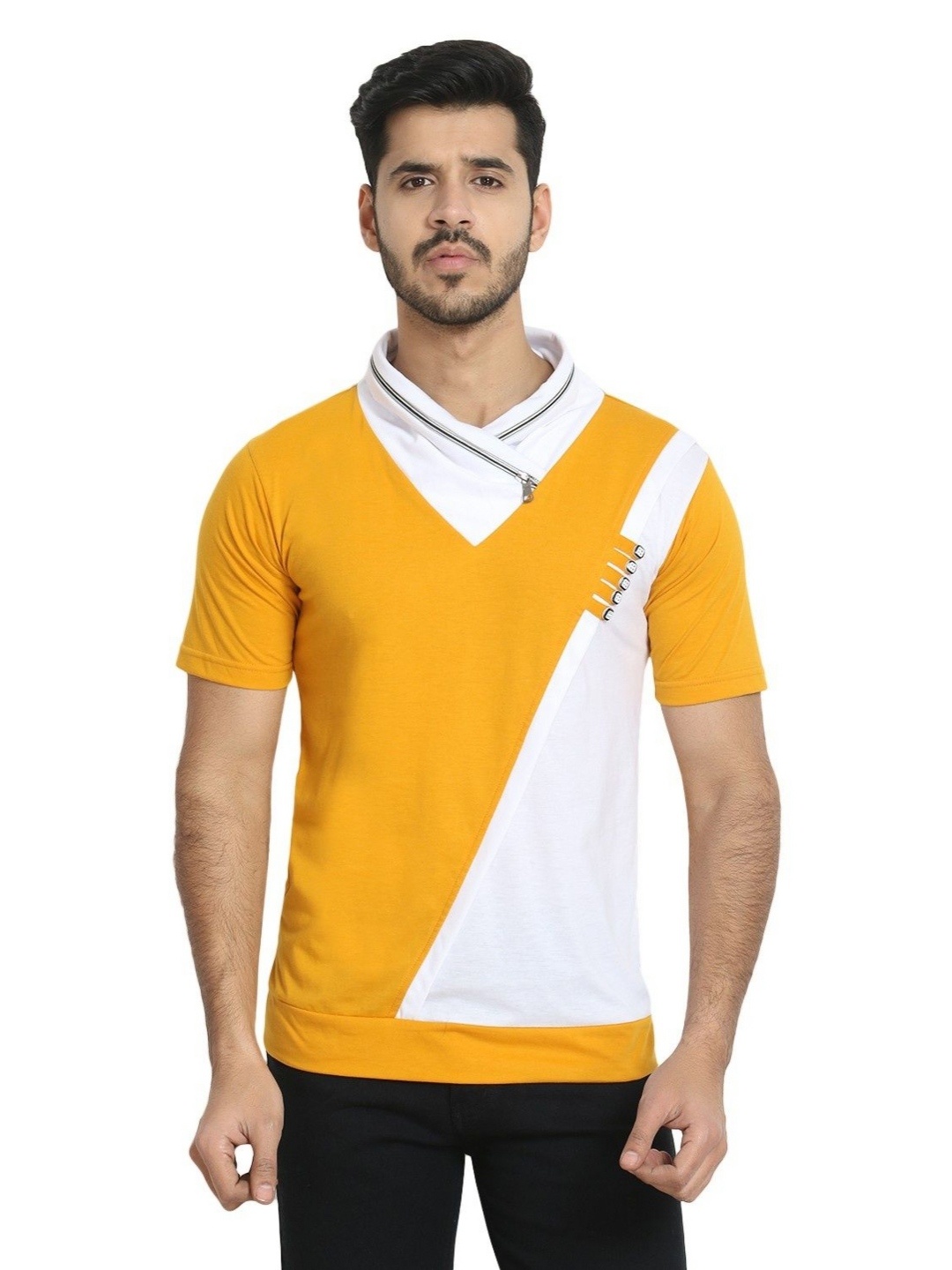 

Black Collection Men Colourblocked V-Neck T-shirt, Mustard