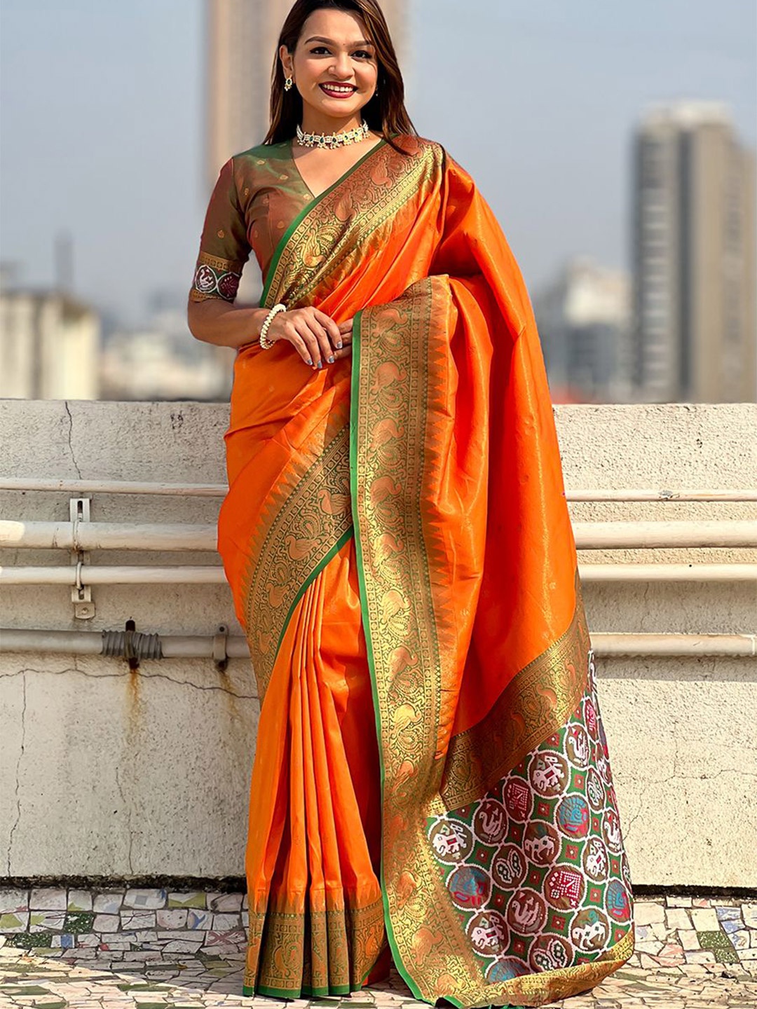 

all about you Woven Design Zari Tissue Kanjeevaram Saree, Orange