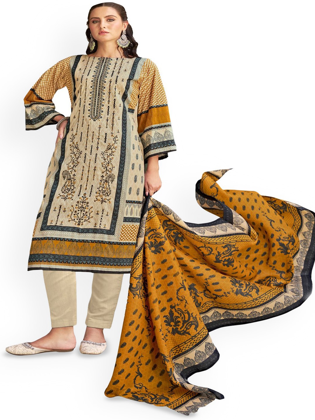 

DRAVINAM Trends Embroidered Pure Cotton Unstitched Dress Material, Cream
