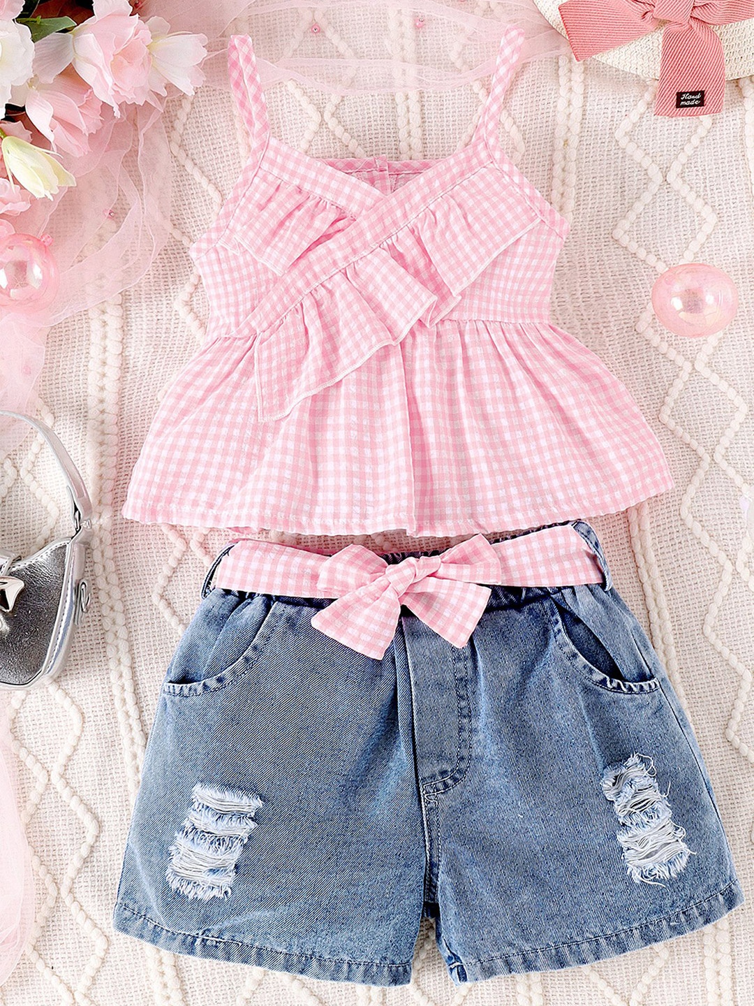 

LULU & SKY Girls Checked Top with Shorts, Pink