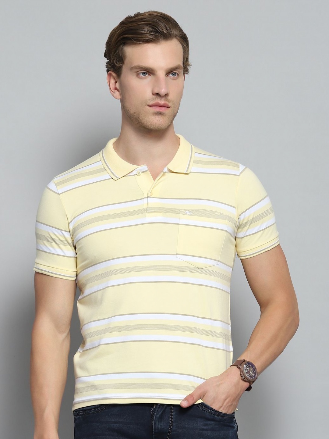 

Monte Carlo Men Striped Polo Collar Pockets T-shirt, Yellow