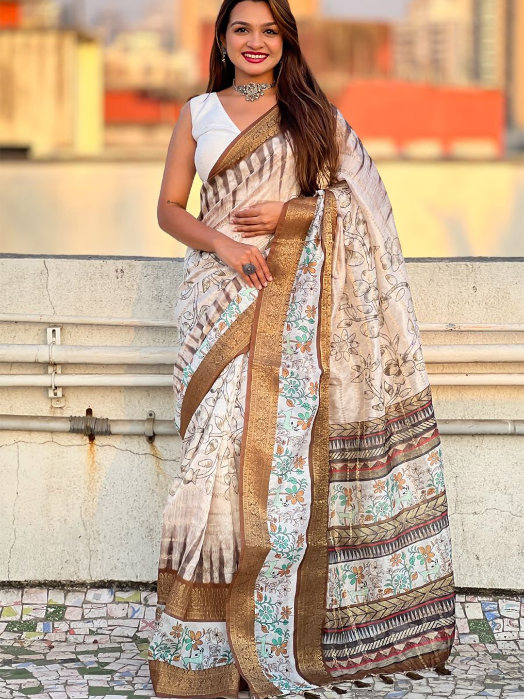 

all about you Floral Zari Chanderi Saree, Olive