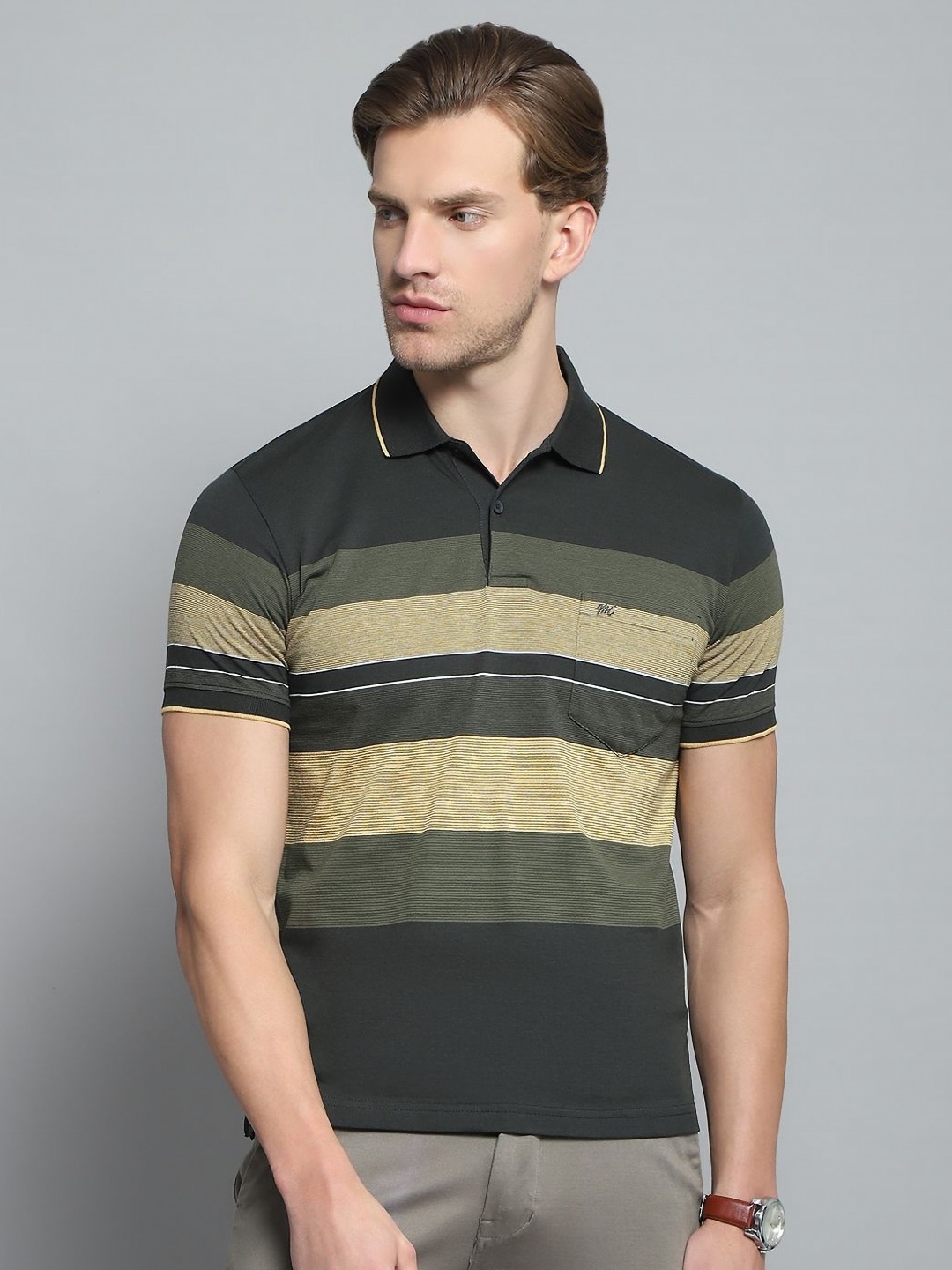 

Monte Carlo Men Striped Polo Collar Pockets T-shirt, Olive