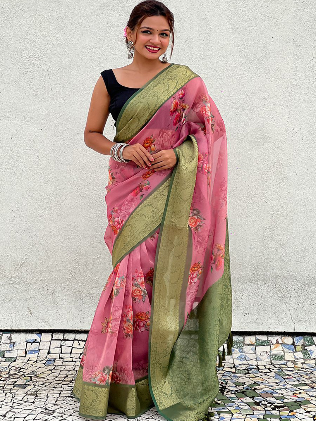 

all about you Floral Zari Tissue Saree, Pink