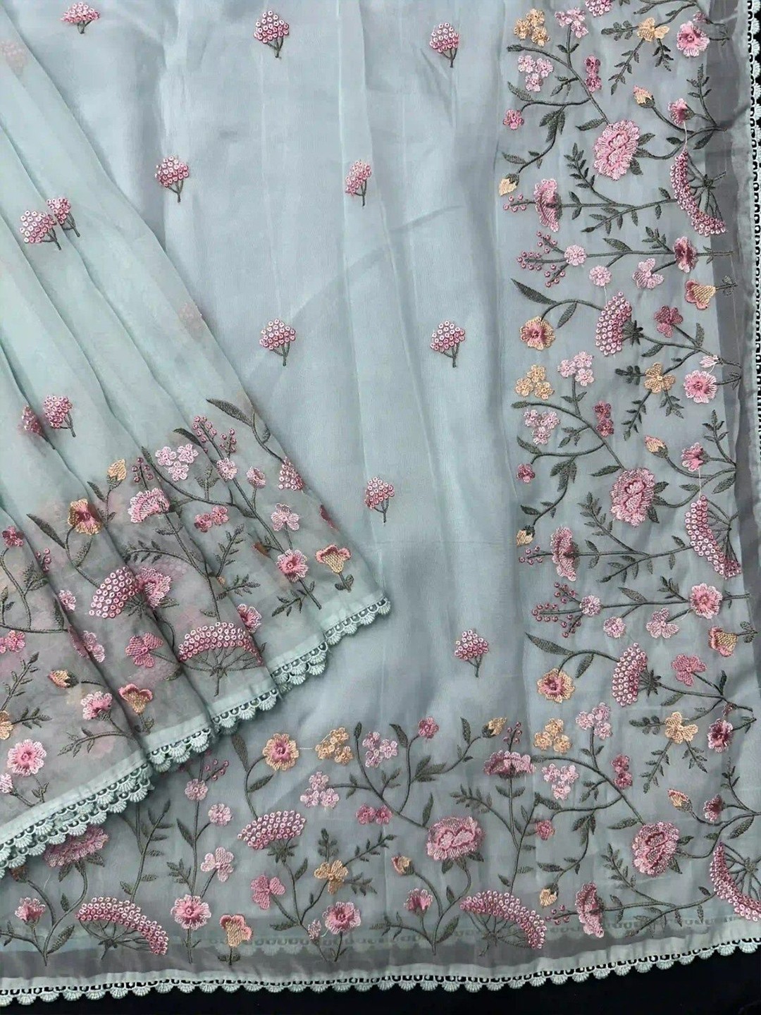 

SANJAR CREATION Floral Embroidered Organza Banarasi Saree, Blue