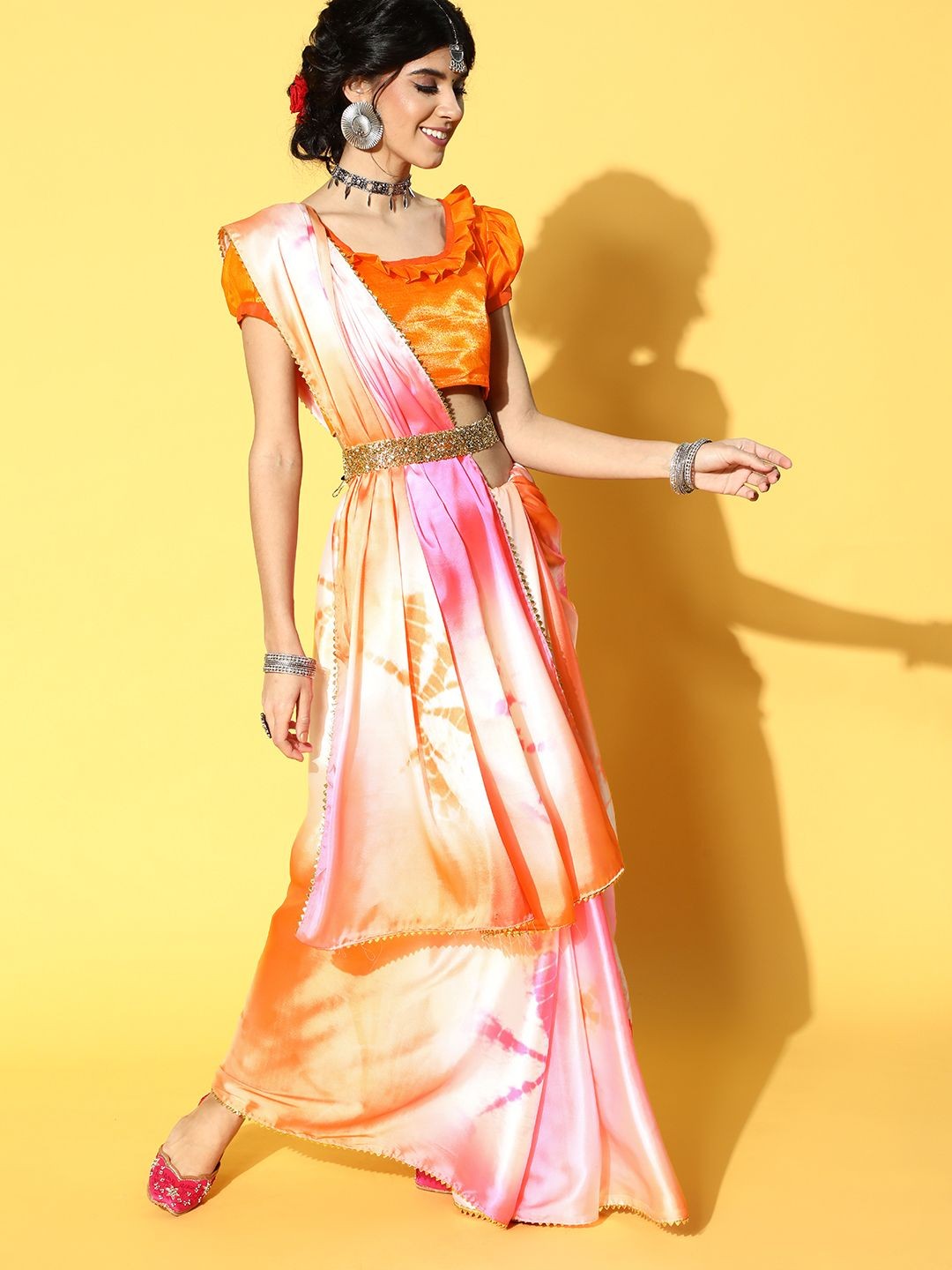 

DIVASTRI Tie and Dye Satin Saree, Orange