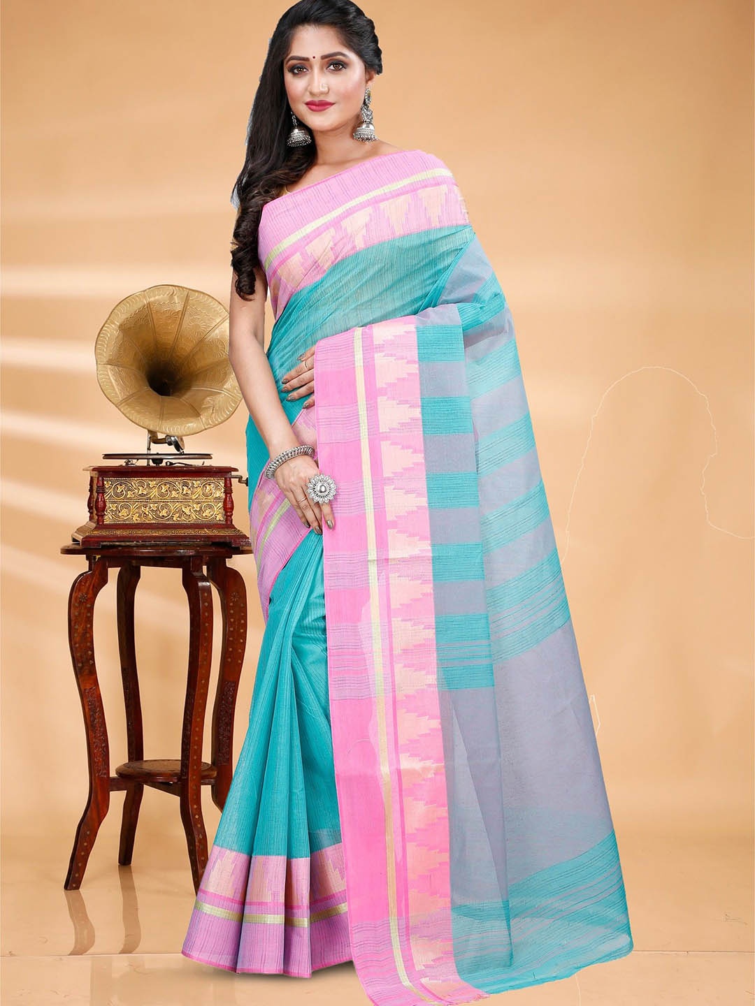 

SRILOK Striped Pure Cotton Taant Saree, Turquoise blue