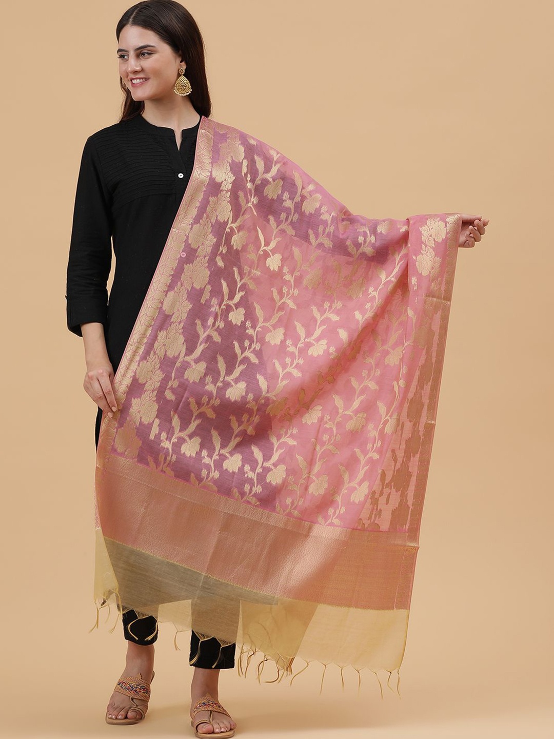 

BAESD Woven Design Dupatta with Zari, Pink