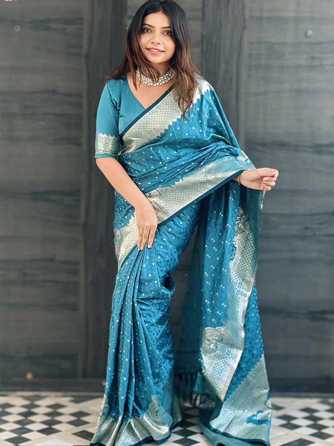 

all about you Woven Design Zari Satin Banarasi Saree, Turquoise blue
