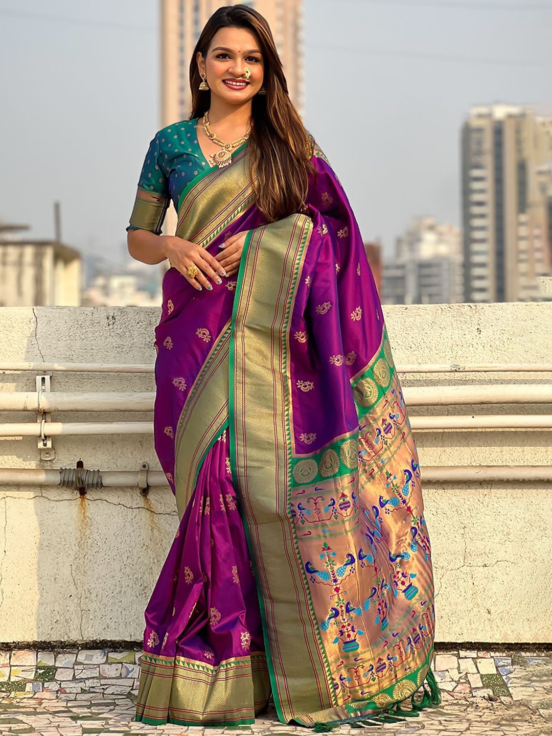 

all about you Woven Design Zari Silk Blend Paithani Saree, Magenta