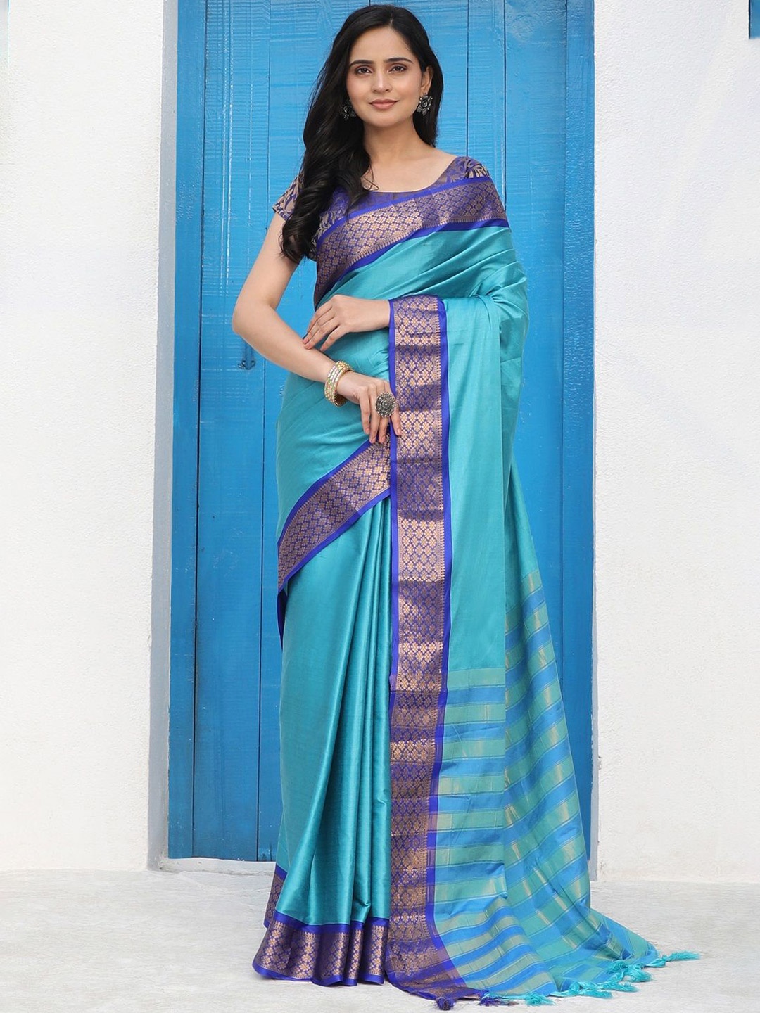 

ORUS Zari Pure Silk Kanjeevaram Saree, Teal