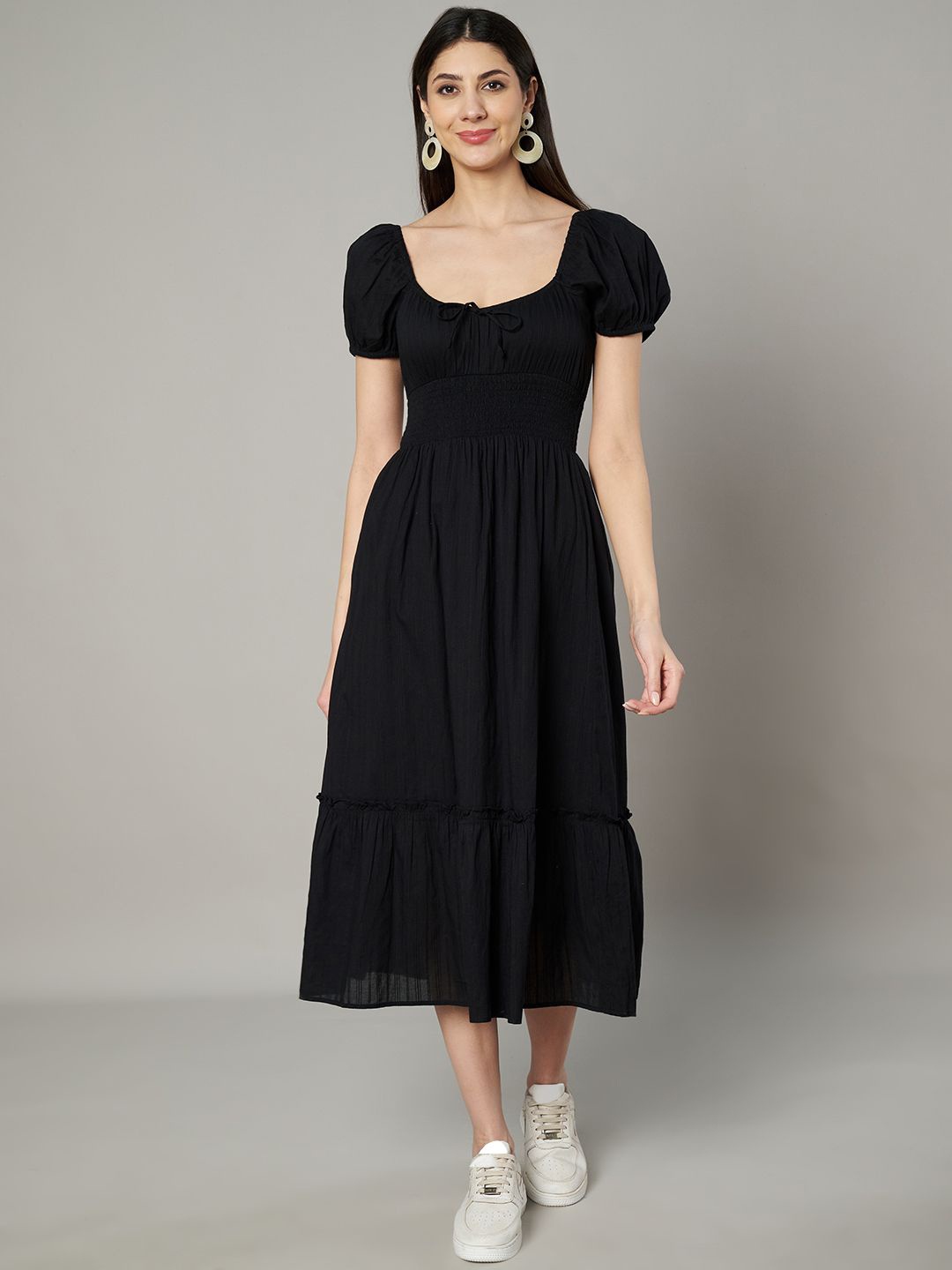 

Amagyaa Puff Sleeve A-Line Midi Dress, Black