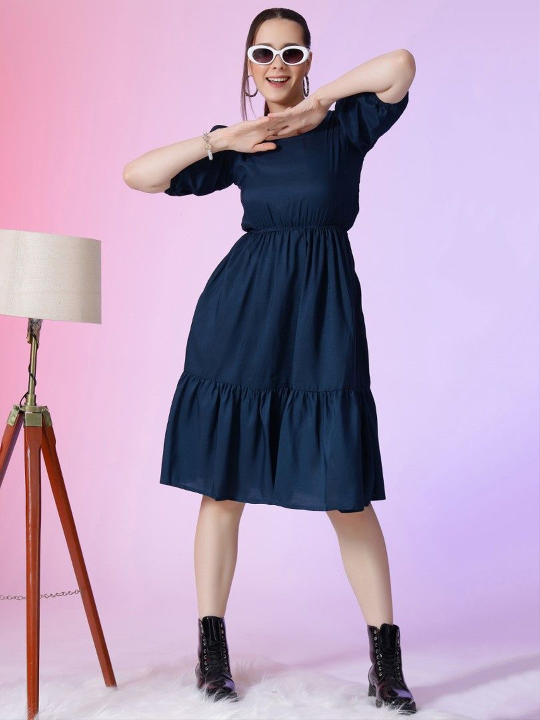 

Jash Creation Puff Sleeve Applique Fit & Flare Dress, Blue