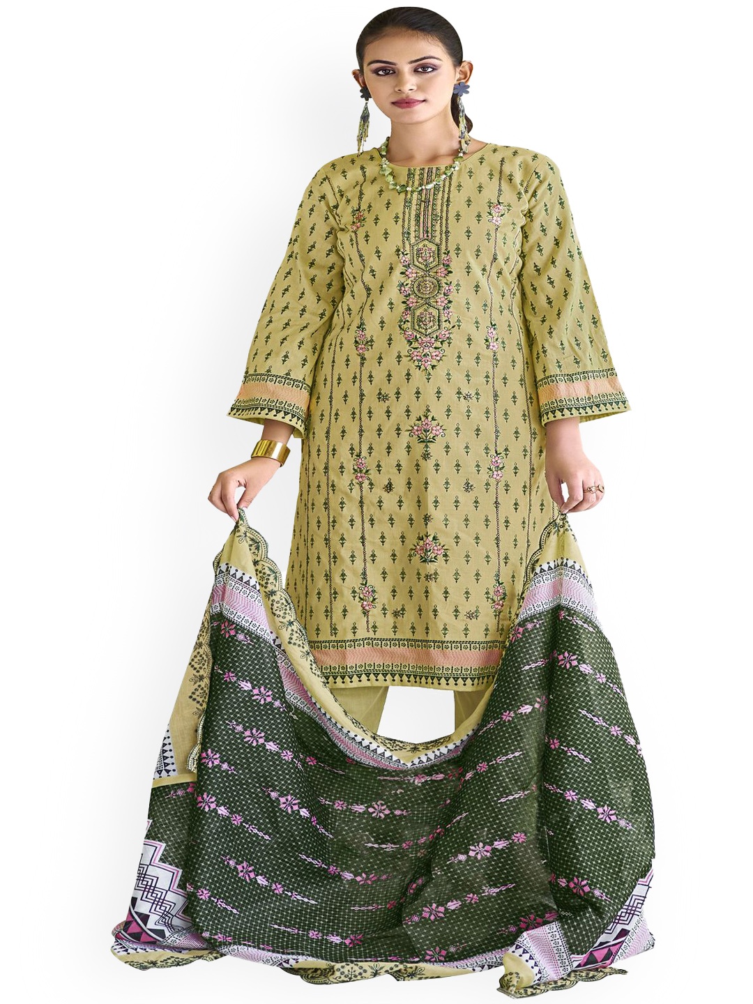 

DRAVINAM Trends Embroidered Pure Cotton Unstitched Dress Material, Green