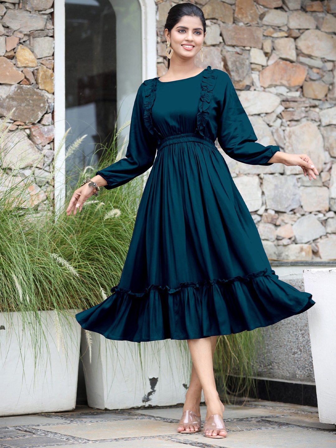 

Jash Creation Applique Crepe Fit & Flare Maxi Dress, Blue