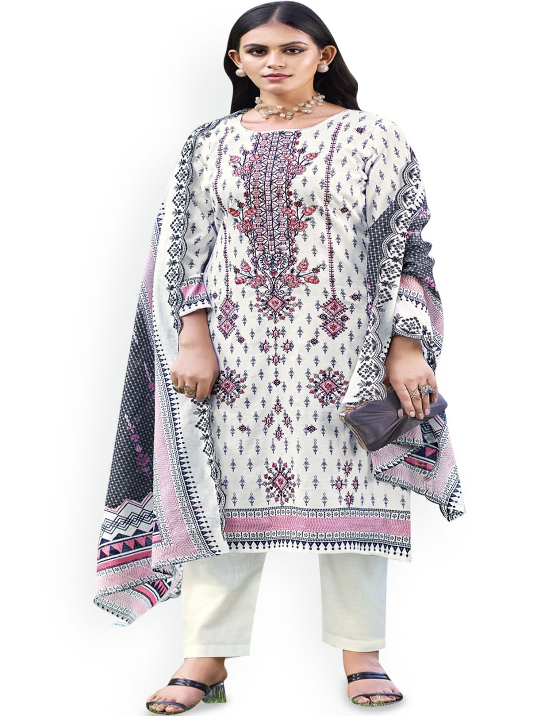 

DRAVINAM Trends Embroidered Pure Cotton Unstitched Dress Material, White