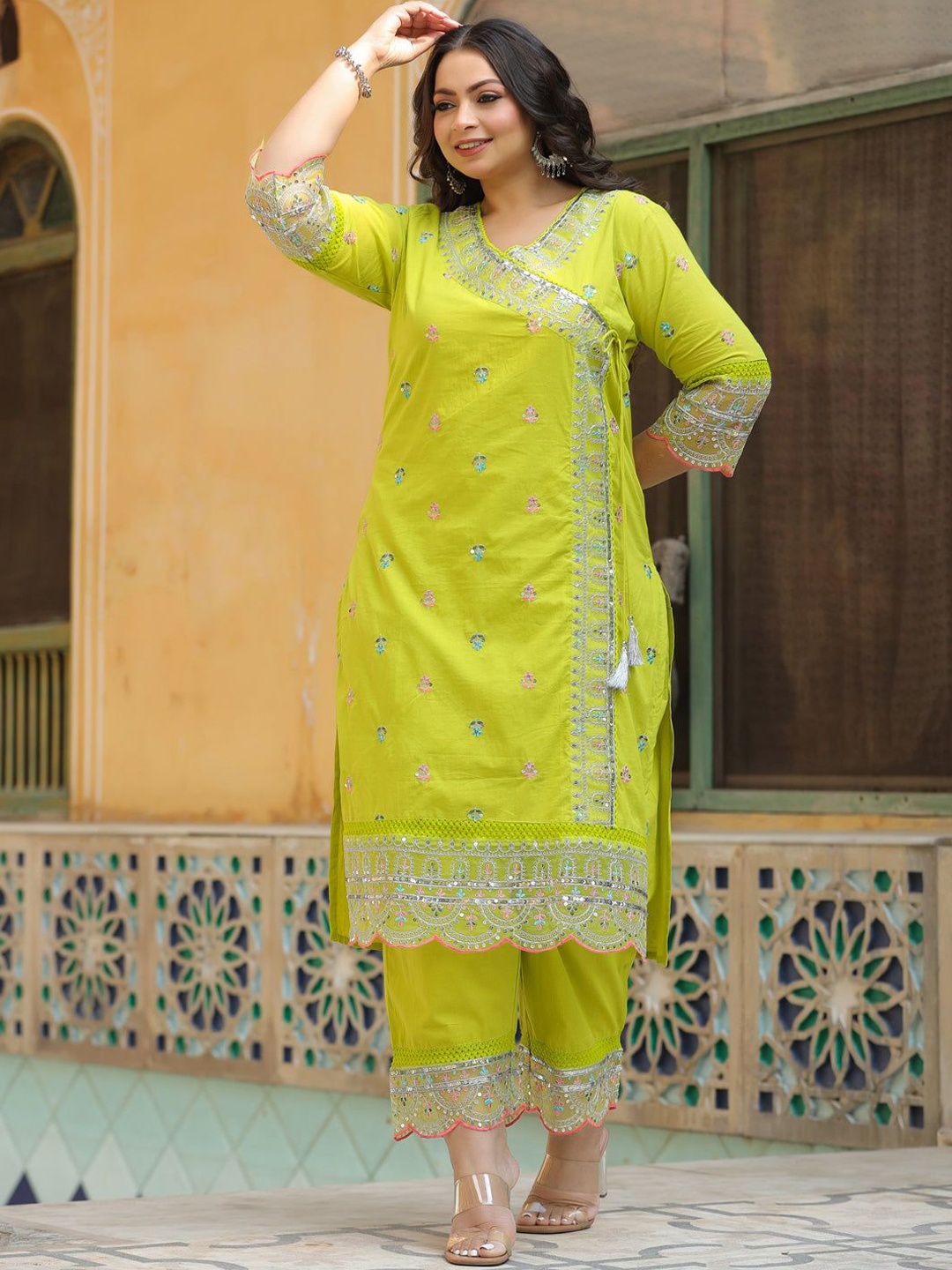 

DIVASTRI Women Ethnic Motifs Embroidered Regular Kurta with Palazzos, Lime green