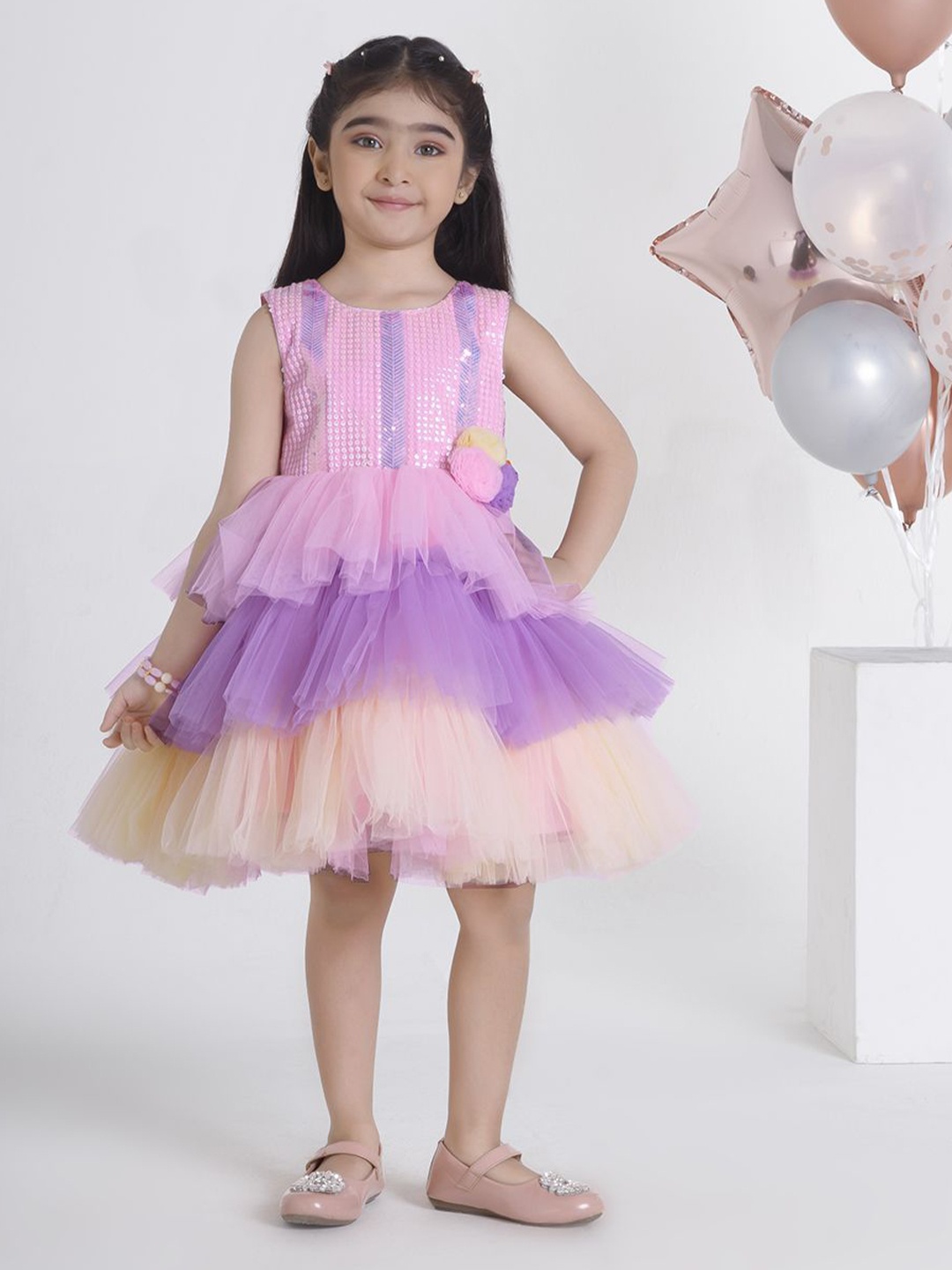 

Ministitch Applique Net Fit & Flare Dress, Pink