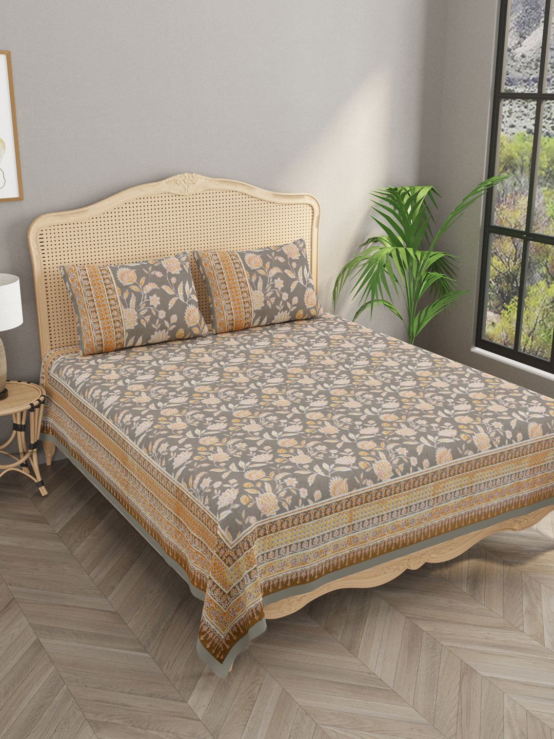 

Gulaab Jaipur Grey & Yellow Floral 400 TC King Bedsheet with 2 Pillow Covers