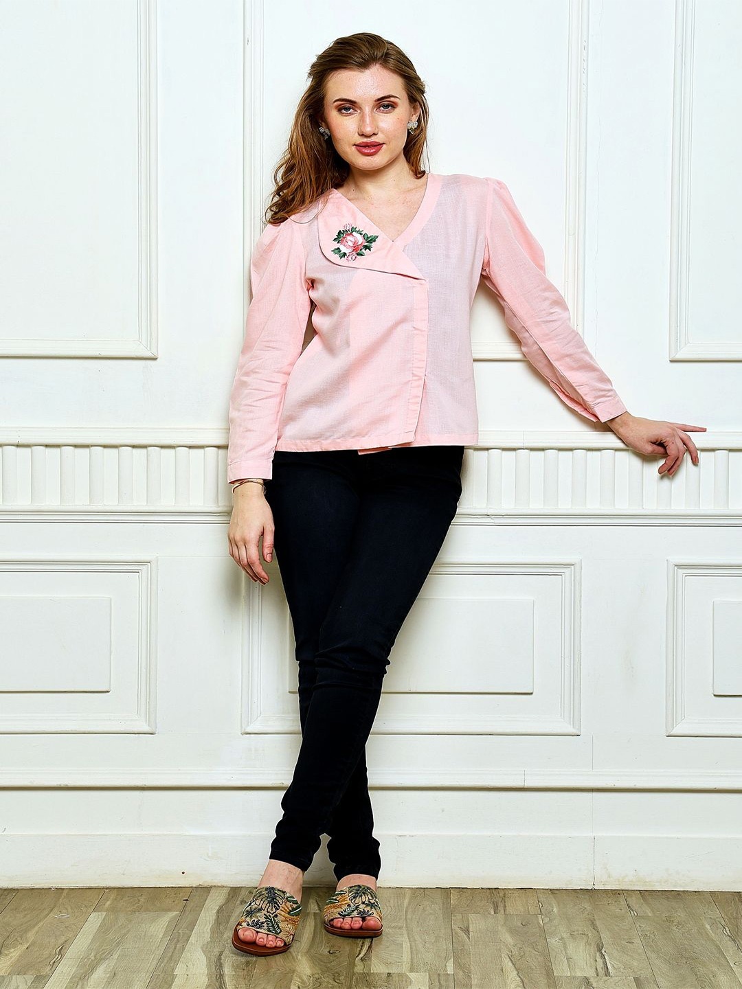 

Kaajal by Vidhi Floral Embroidered Cotton Top, Pink