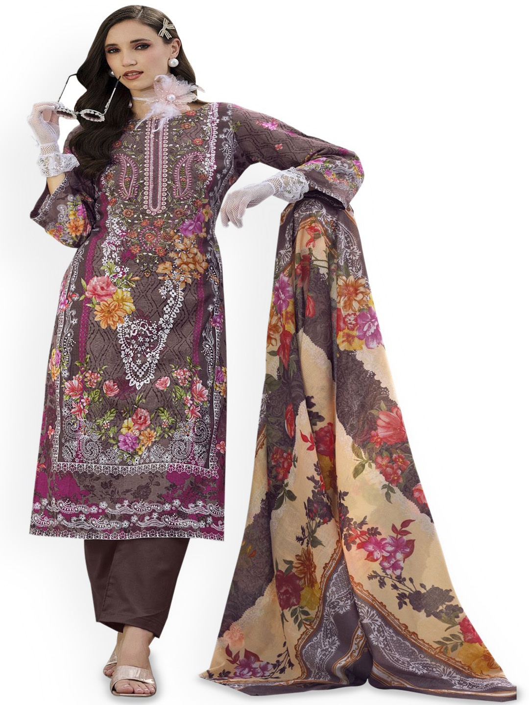 

DRAVINAM Trends Embroidered Pure Cotton Unstitched Dress Material, Brown