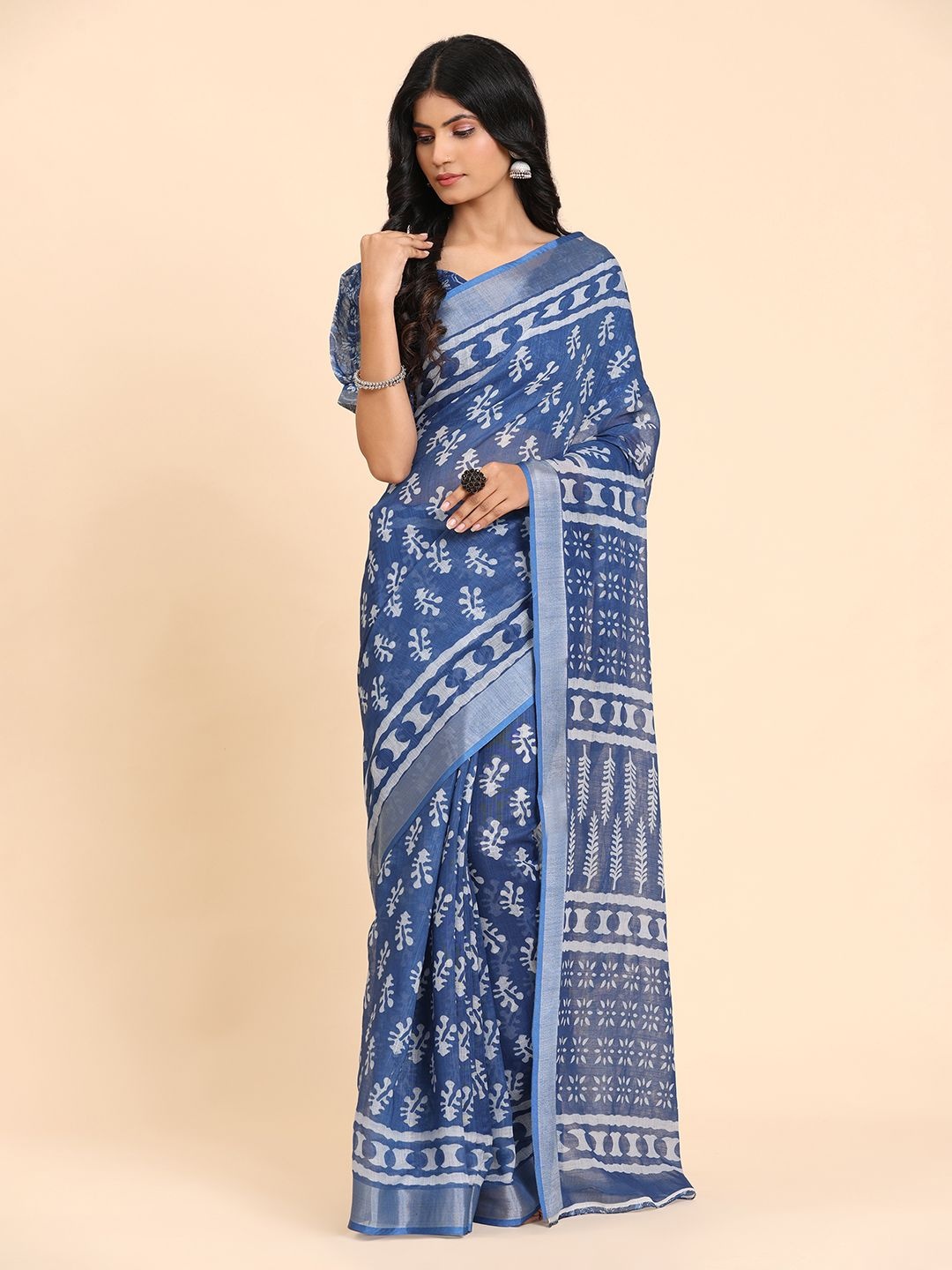 

BAPS Floral Zari Pure Linen Saree, Blue