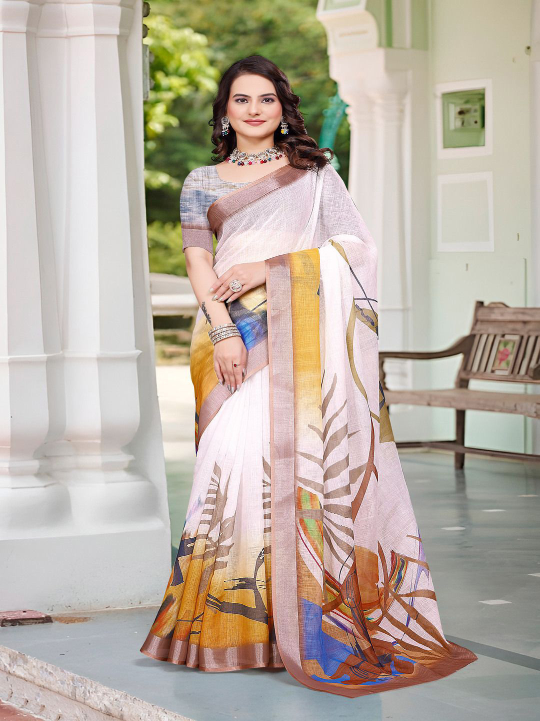 

TRENDING KART Zari Linen Blend Chanderi Saree, White
