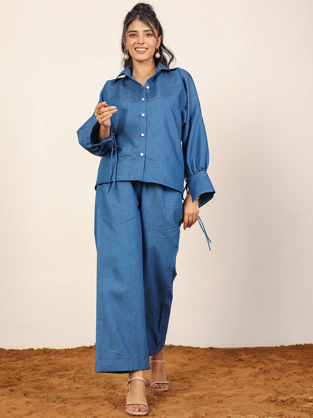 

KAORI BY SHREYA AGARWAL Denim Shirt With Trouser Co-Ords, Blue