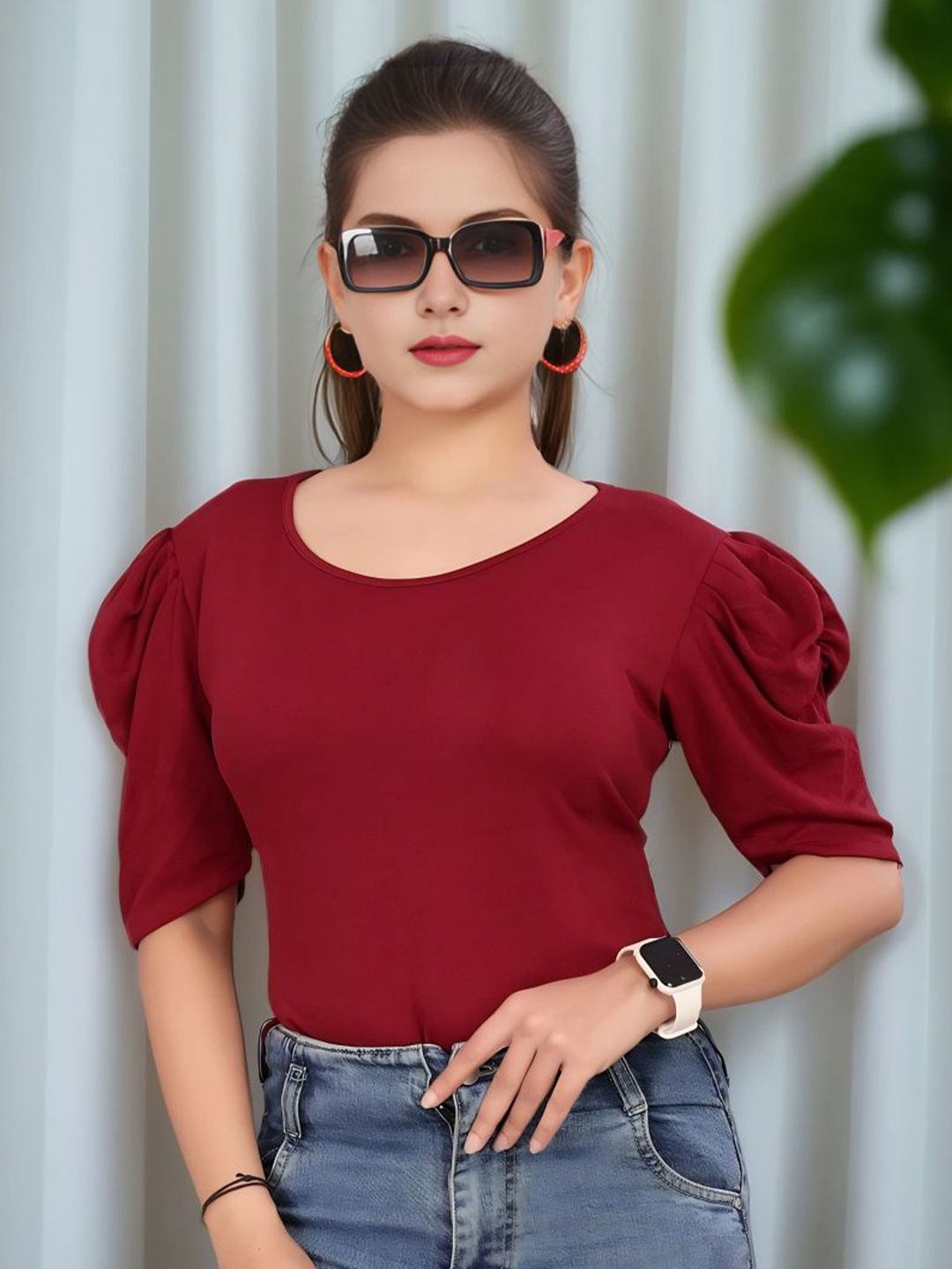 

Moda Rapido Puff Sleeve Cotton Top, Red