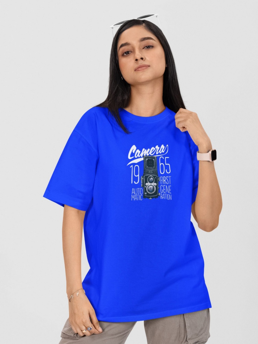

Moda Rapido Women Printed Drop-Shoulder Sleeves Pockets T-shirt, Blue