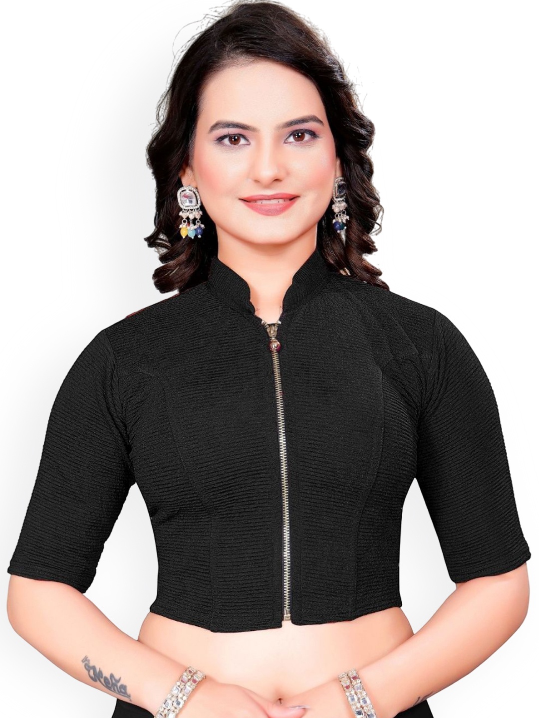 

SS Sanket Synthetics High Neck Short Sleeve Saree Blouse, Black