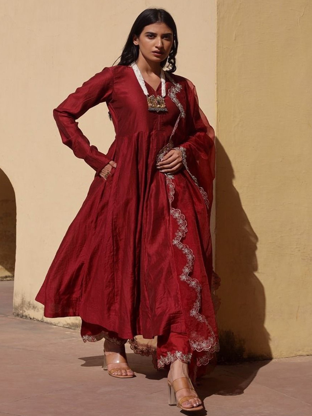 

ASRUMO Women Ethnic Motifs Embroidered Pleated Aari Work Kurta with Trousers & With Dupatta, Maroon