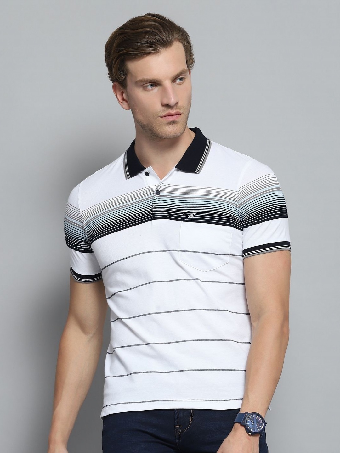 

Monte Carlo Men Striped Polo Collar Applique T-shirt, White