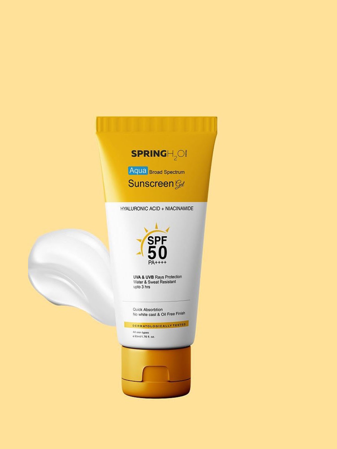 

Spring H2O Aqua Broad Spectrum Quick Absorbtion Sunscreen Gel SPF 50 PA++++ - 50 ml, Yellow