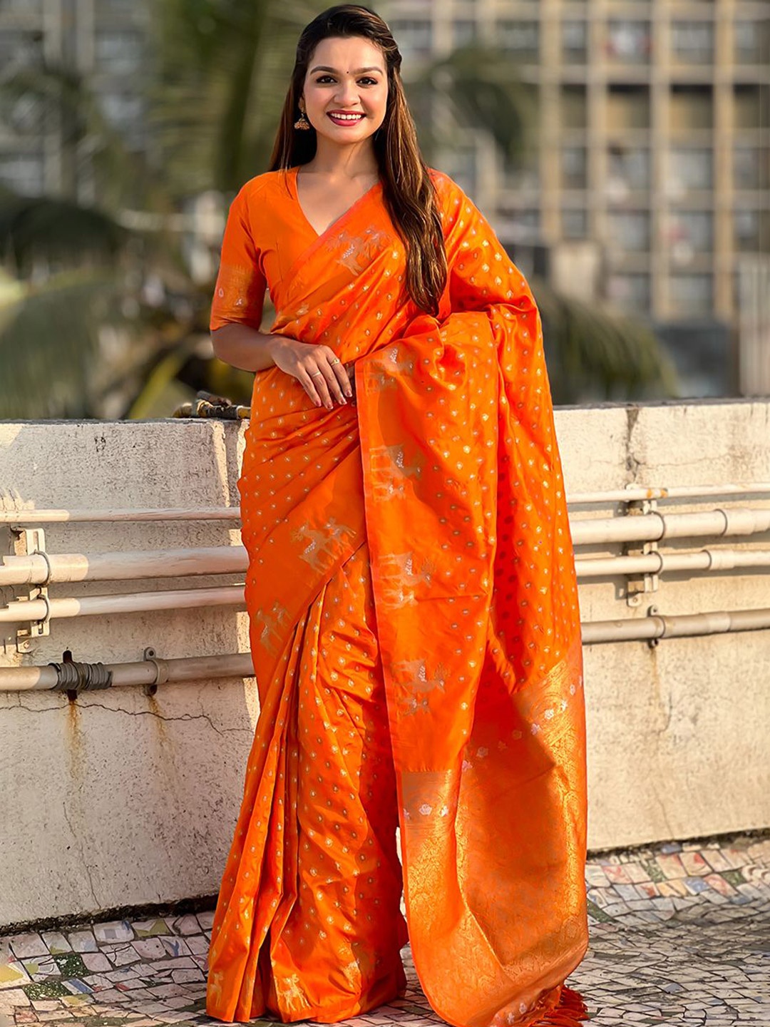 

all about you Woven Design Zari Silk Blend Banarasi Saree, Orange