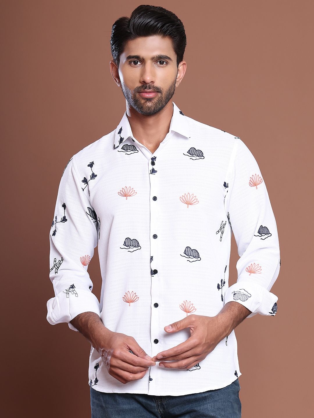 

Indian Needle Men Classic Floral Opaque Casual Shirt, White