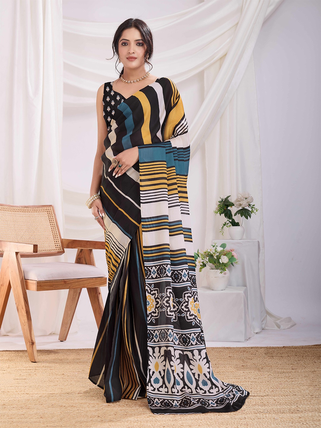 

DIVASTRI Striped Satin Ready to Wear Saree, Black