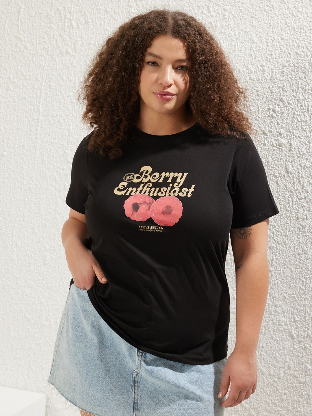

Trendyol Women Typography Printed Applique T-shirt, Na