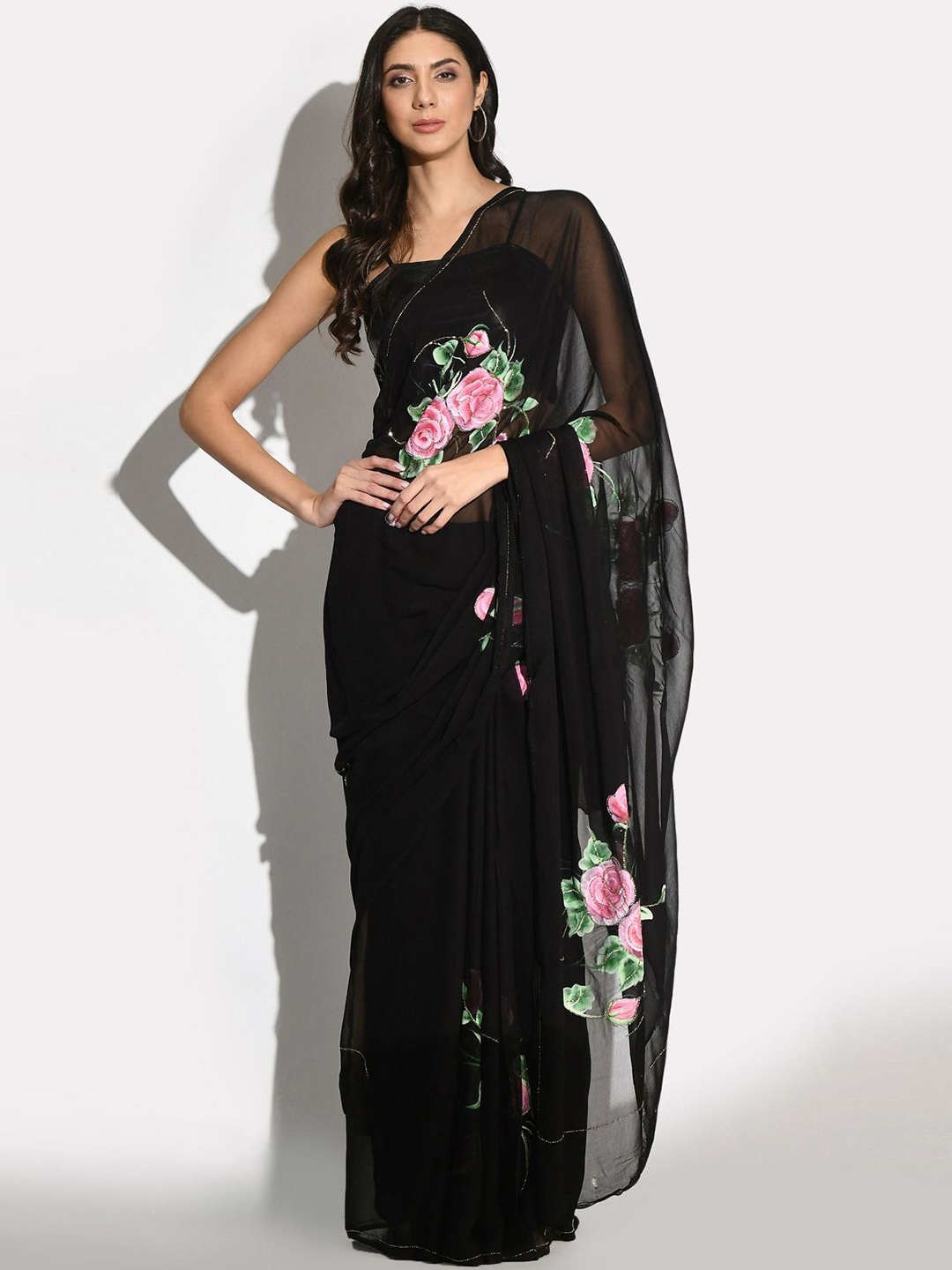 

House of Chiffon Floral Poly Chiffon Saree, Black