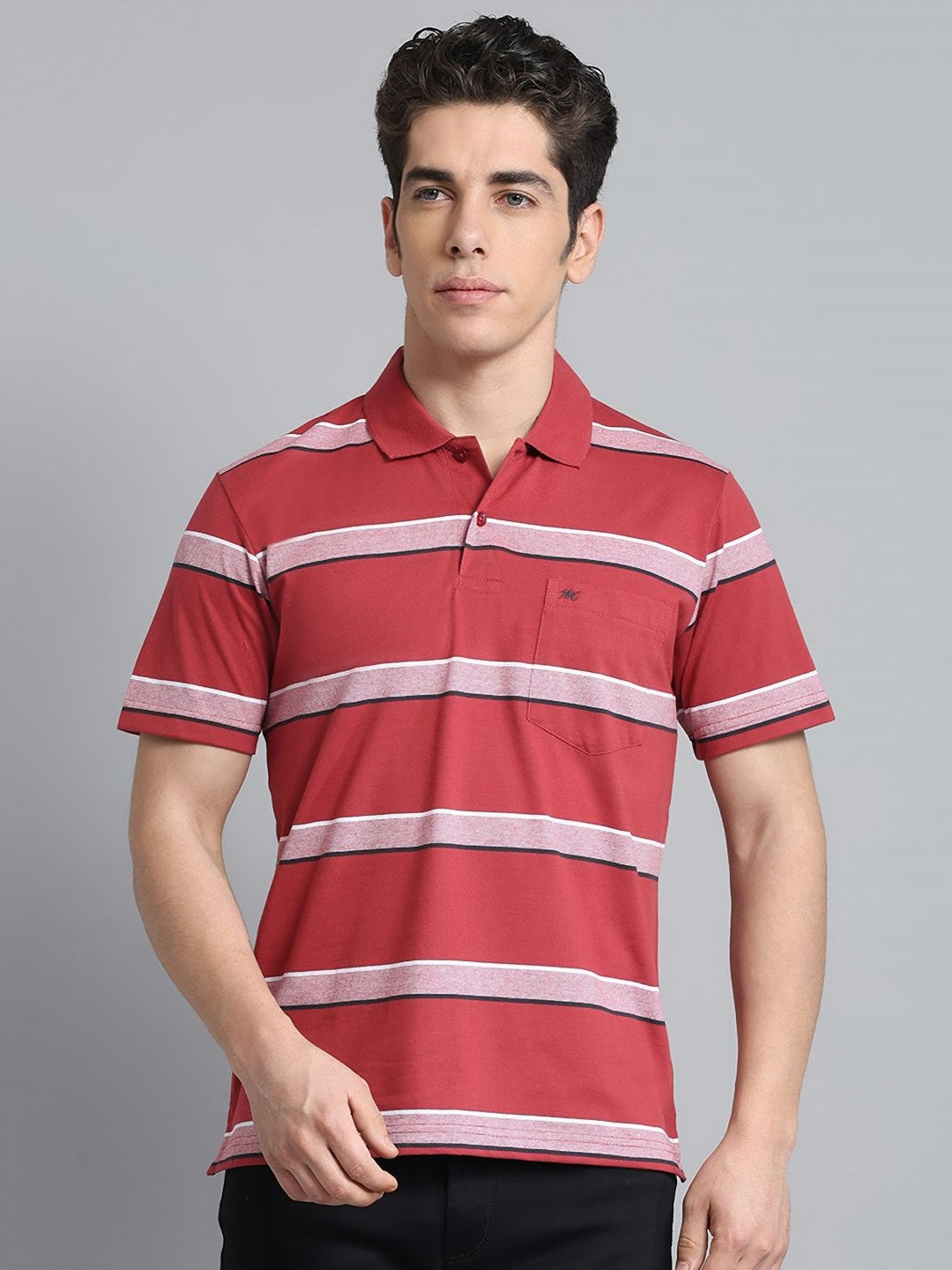 

Monte Carlo Men Striped Polo Collar Pockets T-shirt, Rust