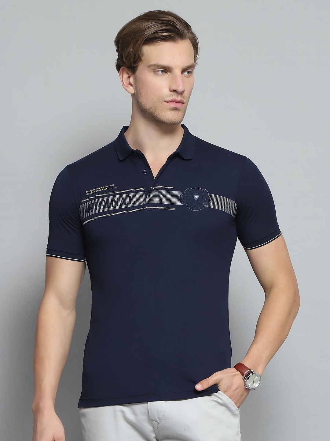 

Monte Carlo Men Typography Printed Polo Collar Applique T-shirt, Navy blue