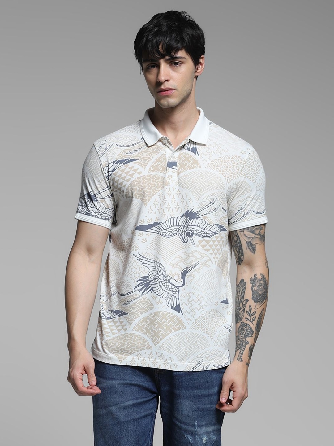

Jack & Jones Men Printed Polo Collar Pockets T-shirt, White