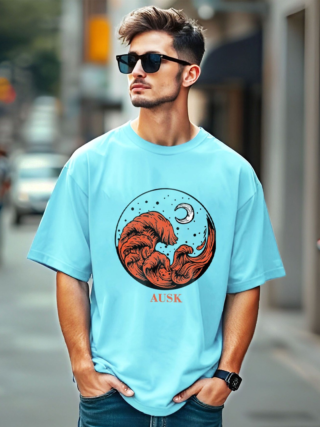 

AUSK Men Printed Drop-Shoulder Sleeves Applique T-shirt, Blue
